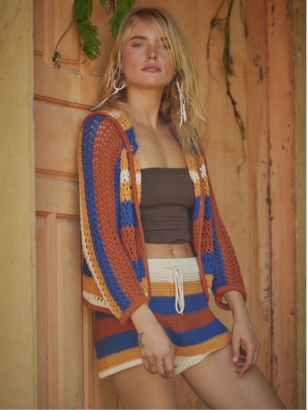 Free People Knit Stripe Cardigan/Short Set in Rust, Blue, Cream Like New-SO CUTE